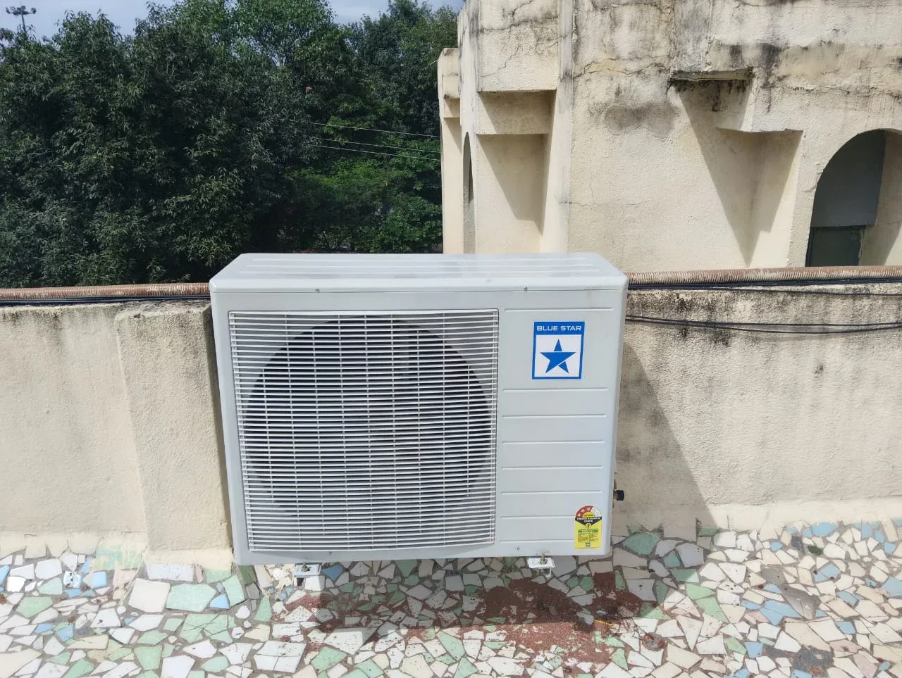 Blue Star split AC outdoor unit mounted on a rooftop